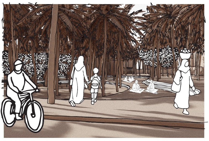 Dessin d’une place publique ombragée à AlUla, avec des palmiers et des assises