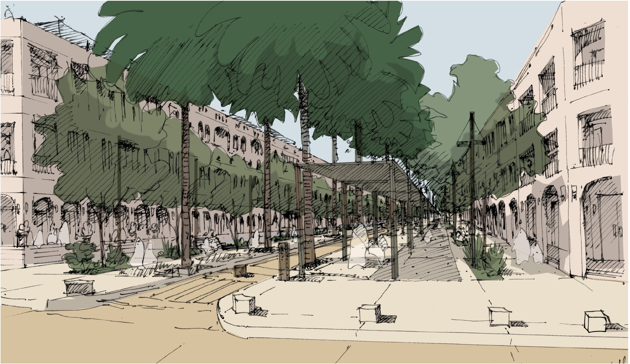 Dessin d’ambiance d’une rue ombragée d’AlUla, entourée d’arbres et de bâtiments